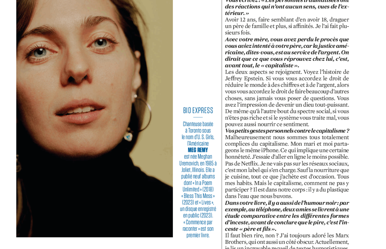 Interview de Meg Remy dans L’Obs