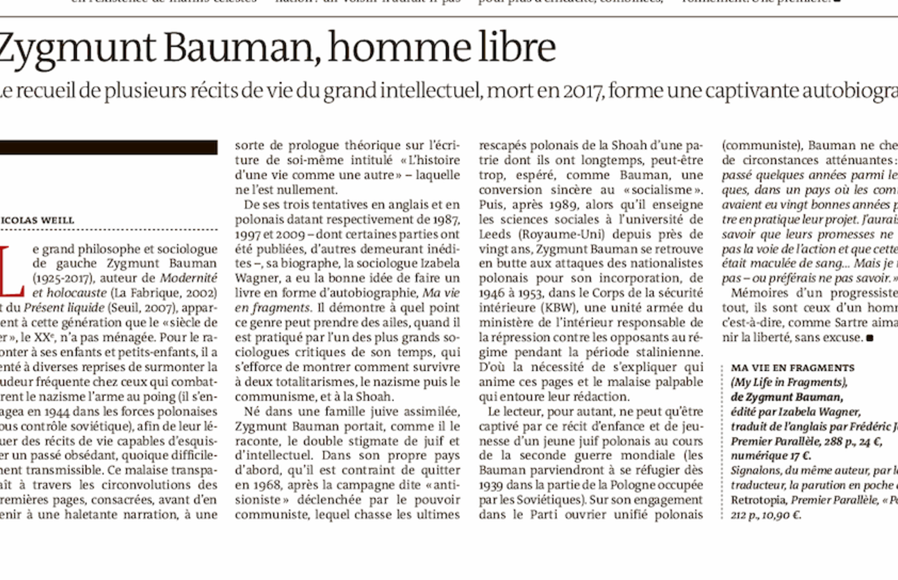 “Une captivante autobiographie” - Zygmunt Bauman dans Le Monde des livres